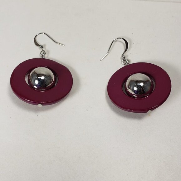 Polished Silver tone Bead Burgundy Purple Hoop Teardrop Earrings for Women - Picture 3 of 6